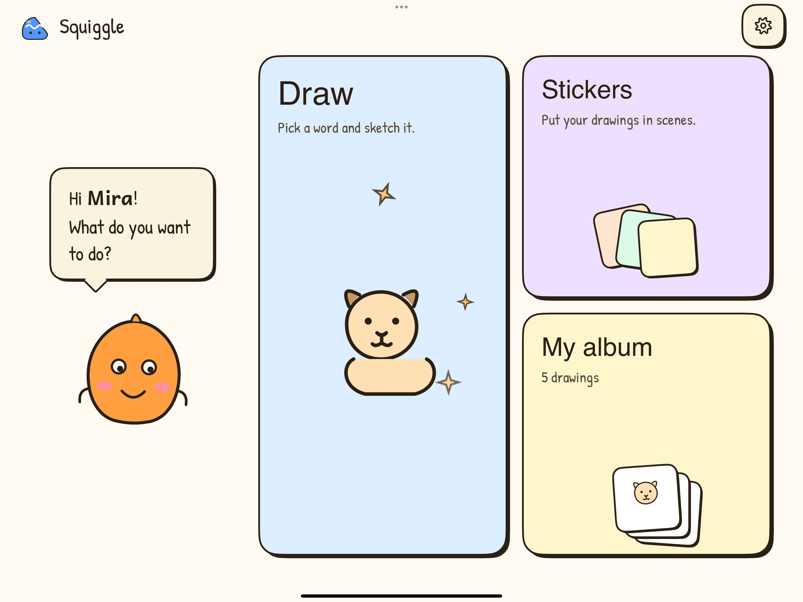 Squiggle home screen on iPad with Draw, Stickers, and My Album cards.