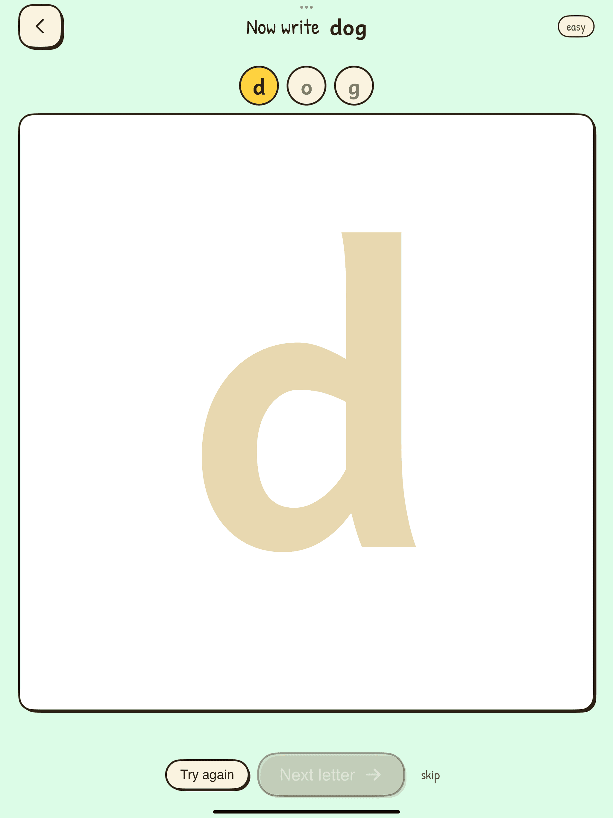 A huge lowercase d fills the canvas in pale yellow, with the letters d, o, g pinned at the top. Below the canvas: Try again, Next letter, Skip.